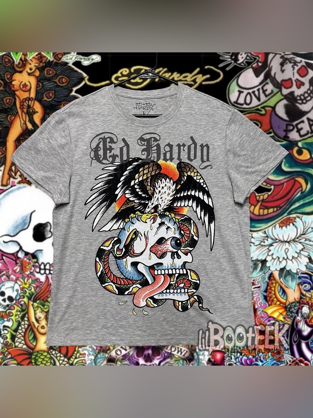 Ed Hardy Mens LG Heather Gray T-Shirt Rhinestone Skull Eagle Snake Logo NEW Y2K